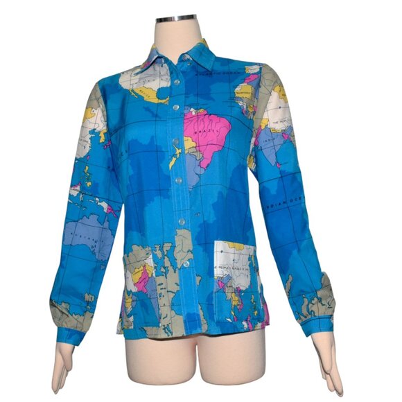 Vintage 70s Button Front Shirt Blouse World Map Print Long Sleeves Pockets M - Picture 1 of 7